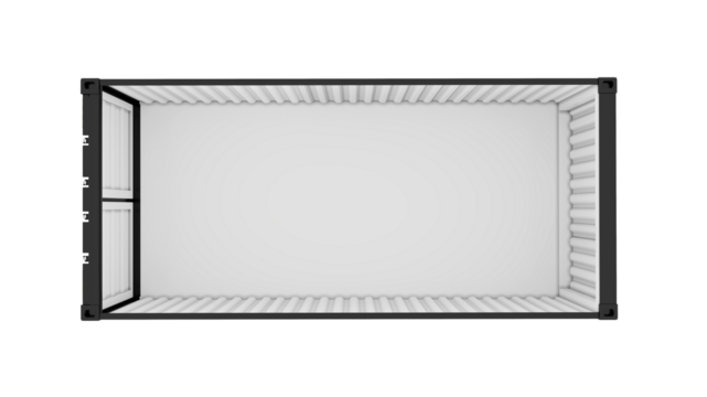 Top view of a black shipping container with no ceiling. Empty closed container without a roof. Isolated on a transparent background. 3D illustration