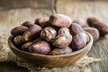 Obraz premium Kola nuts rest in a rustic wooden bowl, with a few scattered across the textured wooden table