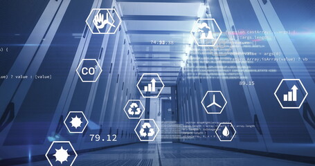 Image of digital icons and data processing over server room