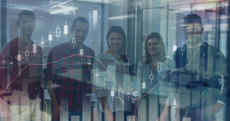 Image of financial data processing over business people in office