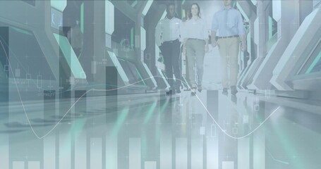 Image of financial data processing over business people walking in office