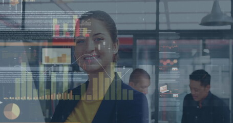 Image of financial data processing over business people in office