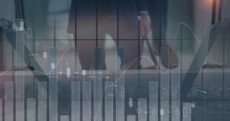 Image of financial data processing over business people using escalator in office