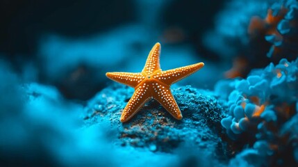 Orange starfish on ocean rock, blue coral background; underwater nature scene