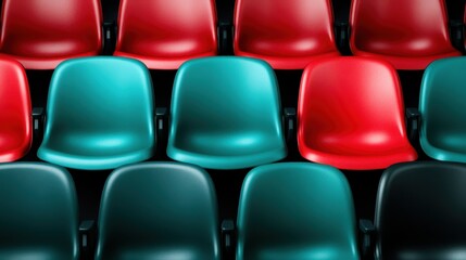 Obraz premium A captivating array of colorful chairs featuring vibrant shades of red and teal neatly aligned, evoking a sense of organized modernity in a beautifully lit space.