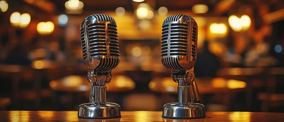 Retro microphones with bar background. © Roh