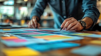 Obraz premium A person analyzing colorful sticky notes and documents on a wooden table in a modern workspace