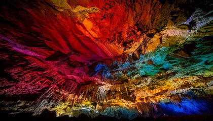 Stunning cave interior featuring natural stalactites and a vibrant display of red blue yellow and green illumination in a mysterious underground setting