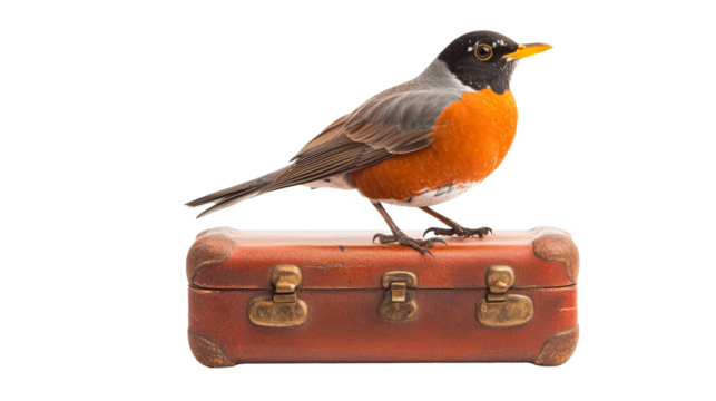 Robin perched atop a vintage suitcase, isolated, animal, avian, migratory bird, cut out transparent