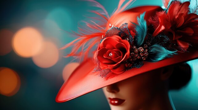 The vibrant red hat adorned with lush flowers and feathers captures elegance and style, set against a dreamy bokeh backdrop that enhances its luxurious appeal.
