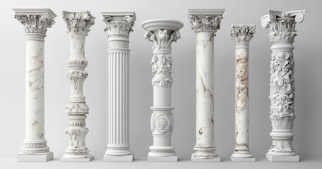 Fototapeta premium Collection of Ornate White Marble Columns Against White Background