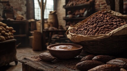 Cocoa beans and chocolate in historic setting