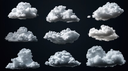 Collection of White Cumulus Clouds on Dark Background 3D Render