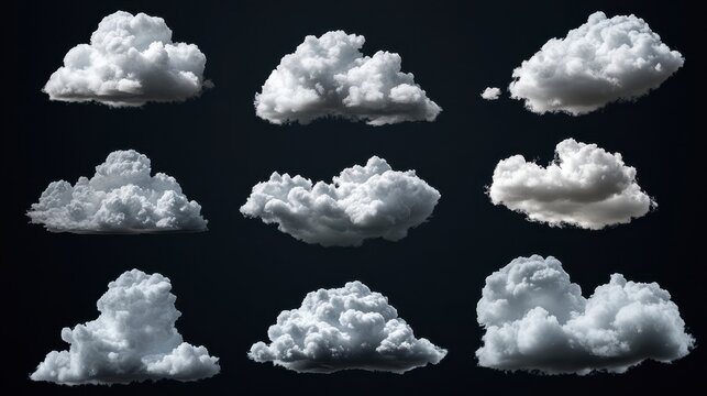 Collection of White Cumulus Clouds on Dark Background 3D Render