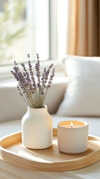 Fresh lavender in a vase and a lit candle on a wooden tray in a sunlit interior near a cozy window