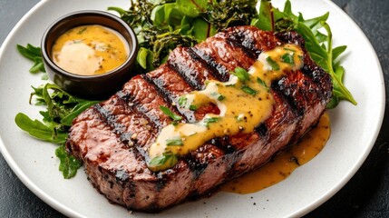 A beautifully grilled steak presented on a plate with a rich, flavorful sauce, garnished with fresh herbs, showcasing an appetizing and satisfying dining experience.
