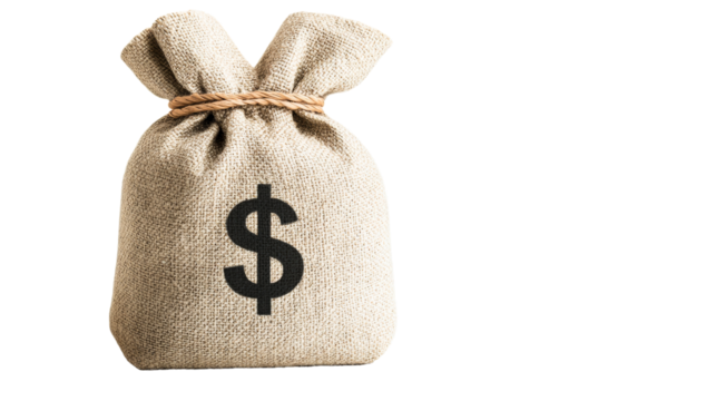 Burlap bag with money sign on black background, cut out transparent