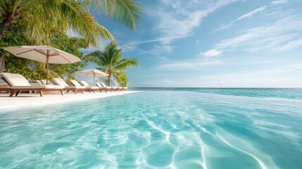 Fototapeta premium A breathtaking infinity pool at a tropical resort, surrounded by palm trees, offering a stunning view of the ocean and clear blue skies, perfect for relaxation and leisure.