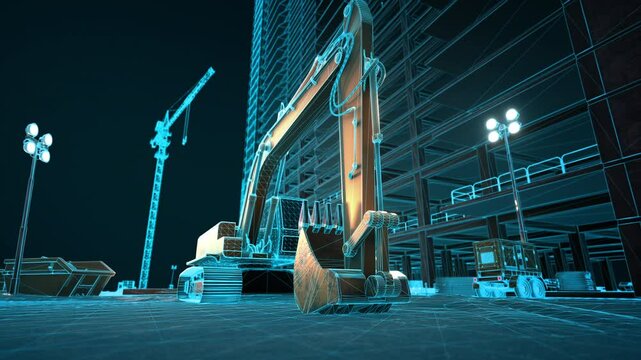 Wireframe terrain scan showing excavator on construction site, wireframe lines appear on the ground, excavators and buildings during skyscraper construction. 3D animation.