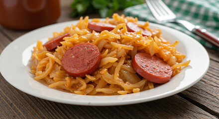 Cooked Cabbage with Sausage on White Plate  