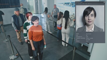 Security Checkpoint: Queue of Diverse People Passing Biometric AI Face Scanning at Border Control...