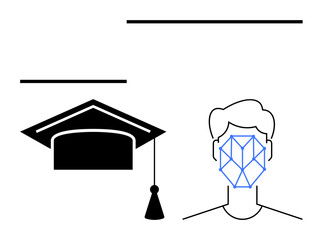 Graduation cap highlights education, face with recognition grid symbolizes technology, AI. Ideal for innovation, future tech, e-learning, identity, security, data process flat simple metaphor