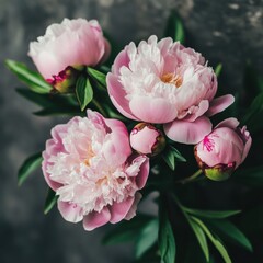 Obraz premium Natural bouquet of peonies with delicate petals and lush green leaves arranged in a serene composition Generative AI