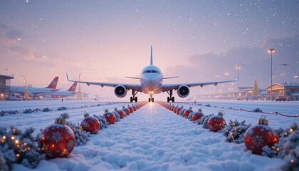 A magical winter's eve at the airport, a plane awaits its journey amidst twinkling Christmas ornaments and a soft, snowy runway.