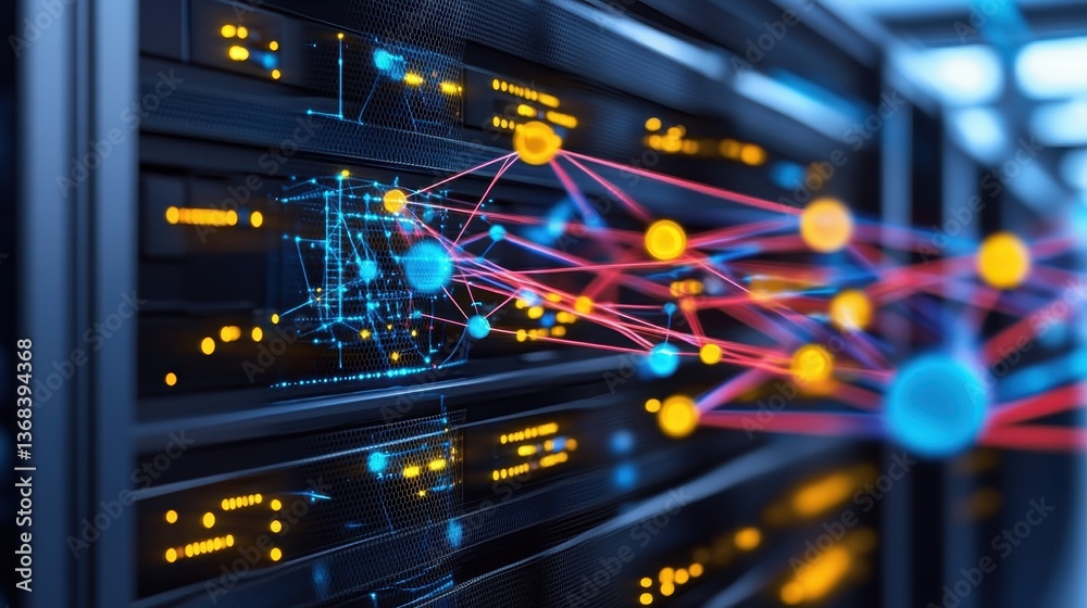 Poster a stylized visualization illustrating interconnected data nodes and network pathways projected on a 