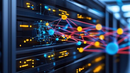 Naklejka premium A stylized visualization illustrating interconnected data nodes and network pathways projected on a server rack showcasing data flow and connectivity