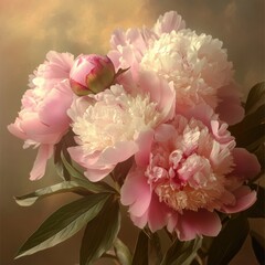 Obraz premium Natural bouquet of peonies with soft colors and delicate buds creates an elegant floral arrangement Generative AI