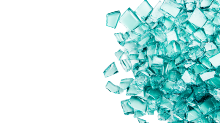 Pile of glistening aqua colored glass ice cubes , cut out transparent