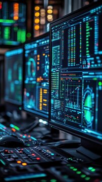 Control room monitors displaying data; action is viewing information; location is a high-tech facility; background shows numerous monitors.  Use for technology or business presentations