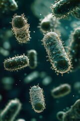 Fototapeta premium Microscopic View of Bacteria Detailed 3D Render of Green Microbes in Dark Background