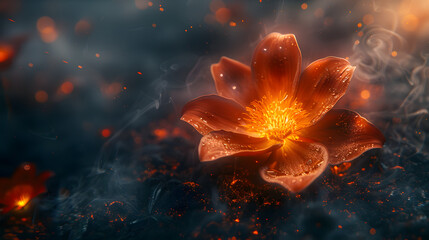 Vibrant orange flower blooming amidst a smoky background with glowing particles and ethereal light