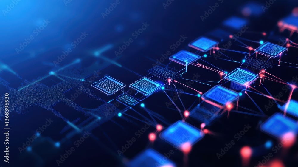 Poster abstract digital rende of interconnected microchips creating a complex network illuminated in vibran