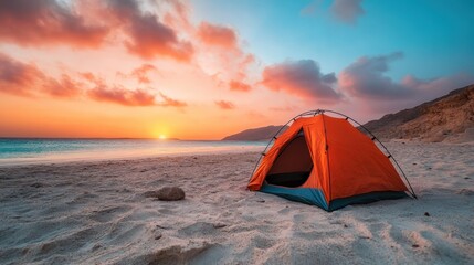 A lone tent on a sandy beach captures the vibrant colors of a sunset, reflecting the perfect getaway for campers who cherish both tranquility and natural beauty in their adventures.