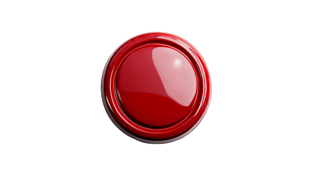 Glossy red button with a metallic rim in a black space, cut out transparent