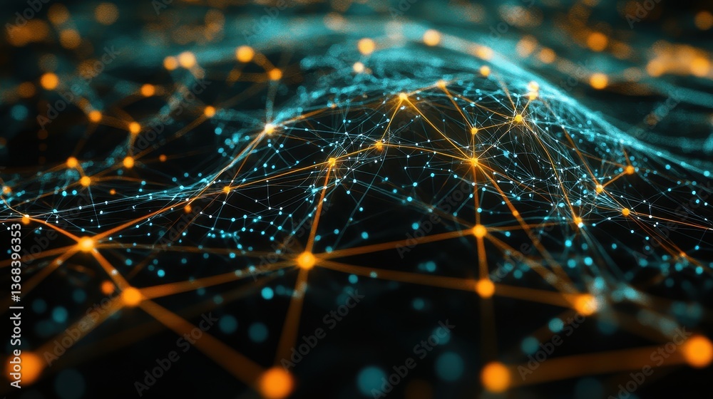 Poster abstract close-up of glowing nodes interconnected by luminous lines creating a sophisticated three-d