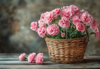 Obraz premium Pink Carnation Bouquet in Wicker Basket on Rustic Wooden Table