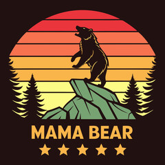 Retro Mama Bear Silhouette on Mountain Peak at Sunset