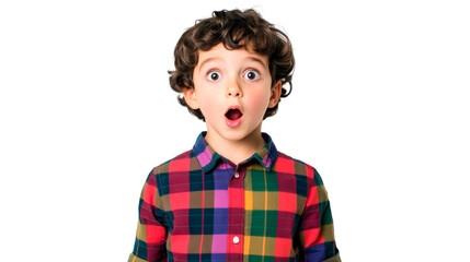 Surprised boy with curly hair looks on, mouth open, amazement, cut out transparent