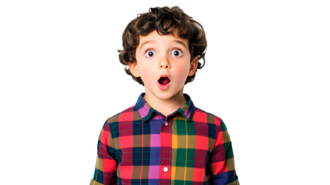 Surprised boy with curly hair looks on, mouth open, amazement, cut out transparent