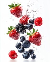 Red Blue Black Berries Splashing in White Background