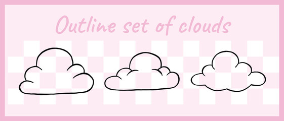 Fototapeta premium A trio of stylized cloud outlines in black over a light pink checkered backdrop, perfect for creative or digital projects