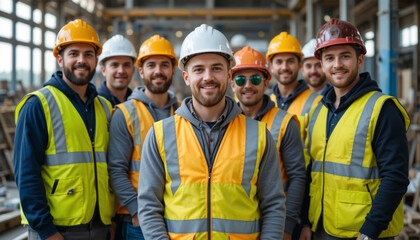 A confident team of construction workers stands united, showcasing their skills and teamwork in a vibrant industrial setting with bright safety vests and hard hats.