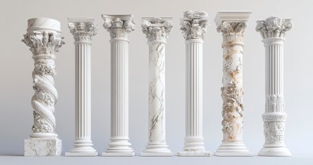 Naklejka premium Seven White Marble Columns with Varied Styles and Intricate Detail Against a Clean White Background