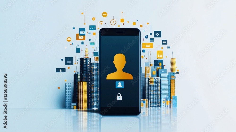 Poster phone displaying secure app with face recognition symbol