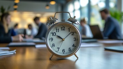 Silver Alarm Clock on Wooden Table in Blurred Office Setting