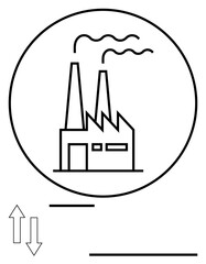 Industrial factory with smoke stacks inside circle, depicting production and impact. Ideal for industry, environment, supply chain, manufacturing, efficiency, pollution energy. Flat simple metaphor